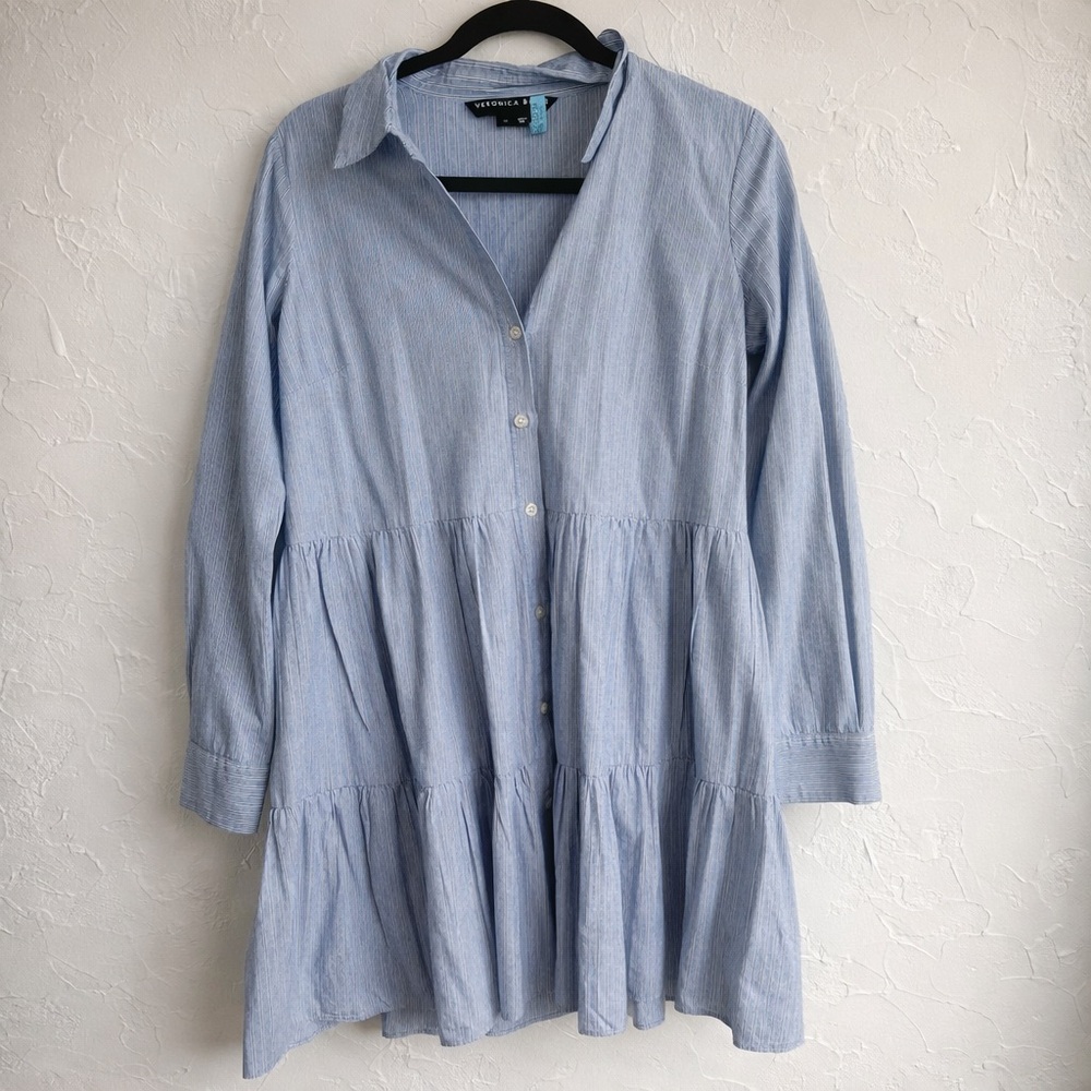 Veronica Beard Blue Pinstripe Babydoll Shirt Dress